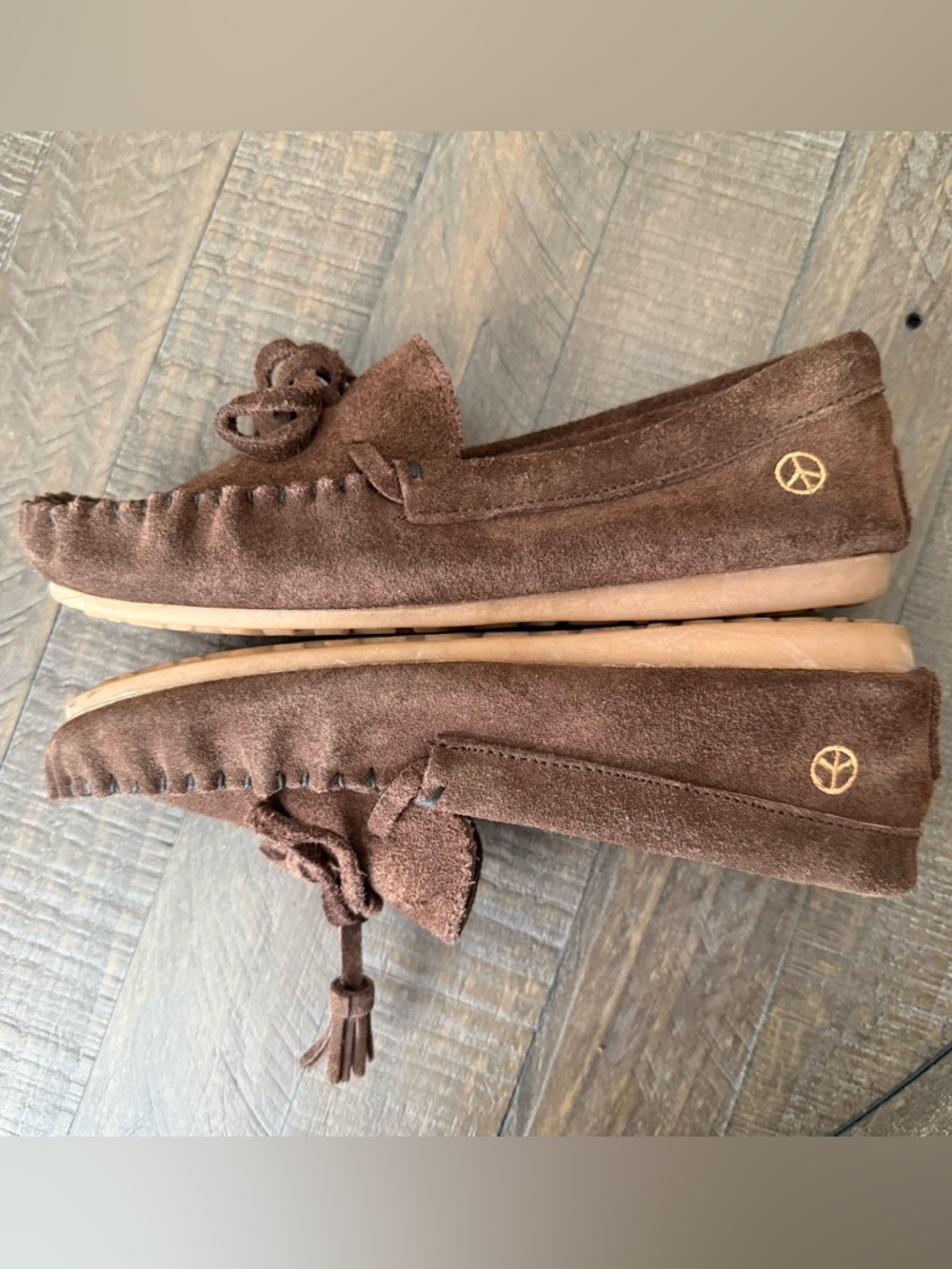 Women's Brown Suede Tassel Moccasins with Peace Logo - Picture 8 of 15
